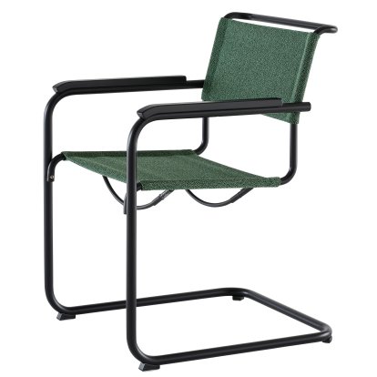 Chaise Cantilever S 33 / S 34 V Soft, Accotoirs hêtre teinté noir, Noir mat revêtu par poudre, Tissu cento malachit - vert foncé, Patins en plastique noir avec feutre