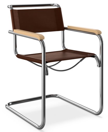 Chaise cantilever S 33 / S 34 originale, Accotoirs hêtre teinté  naturel, Cuir véritable, Chocolat, Patins en plastique noir avec feutre