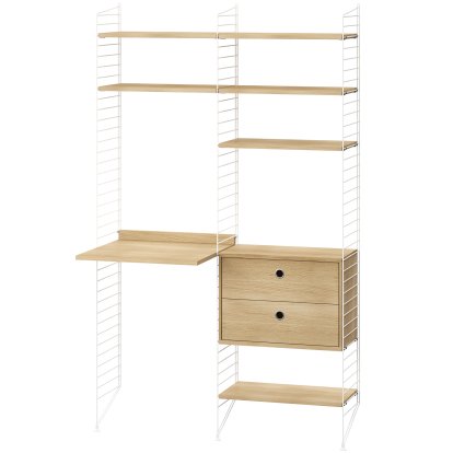 Étagère au sol avec bureau et rangement String System, Rayonnages chêne, panneaux blancs