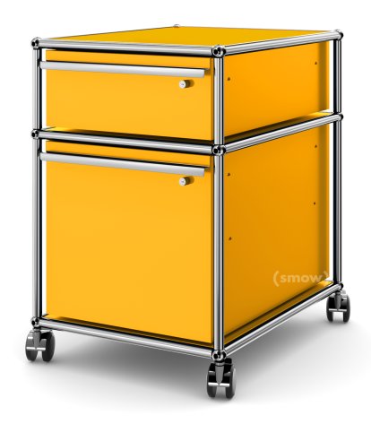 Caisson à roulettes USM Haller avec cadre pour dossiers suspendus, Tous les compartiments avec serrures, Jaune or RAL 1004
