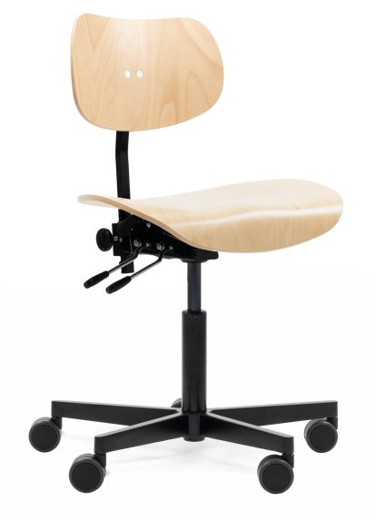 Chaise pivotante S 197 R20, Sans accoudoirs, Hêtre naturel, Poudre noir mat, Roulettes doubles noir pour tapis