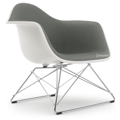 Eames Plastic Armchair LAR, Blanc RE, Rembourrage intégral nero / ivoire, Chromé