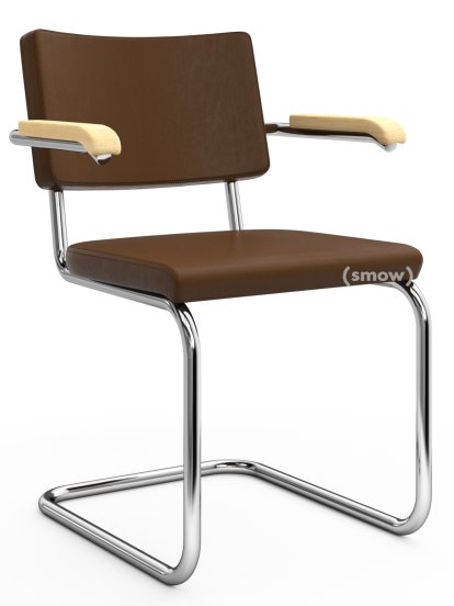 Chaise cantilever S 64 PV Pure Materials, Cuir Nappa marron moyen, Frêne, Chromé, Patins en plastique noir avec feutre