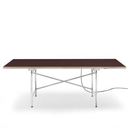 Table Eiermann 1 E (réglage électrique de la hauteur), Linoleum bordeaux (Forbo 4154) avec bords en chêne, 200 x 90 cm, Chromé, Sans passage-de-câbles