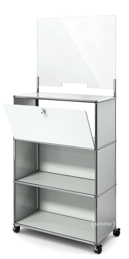 Comptoir USM Haller M avec écran de sécurité et passe-documents, Gris clair RAL 7035, Avec roulettes