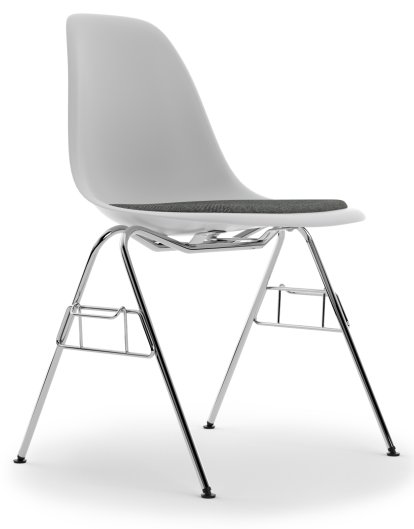 Eames Plastic Side Chair DSS / DSS-N, Coton blanc, Avec coussin d'assise, Nero / ivoire, Avec liaison de rangée (DSS)
