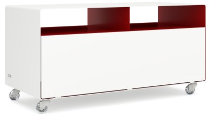 Meuble TV R 108, Blanc pur (RAL 9010) - Rouge rubis (RAL 3003), Roulettes transparentes