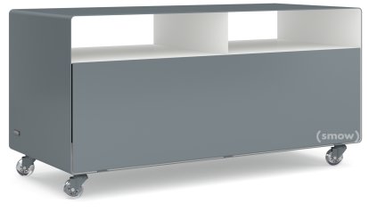 Meuble TV R 108, Gris basalte (RAL 7012) -  Blanc pur (RAL 9010), Roulettes transparentes