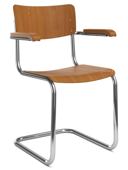 Chaise cantilever S 43 F classique avec accotoirs, Piétement chromé, Hêtre teinté, Cerisier, Sans coussin d'assise, Patins en plastique noir avec feutre