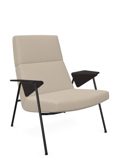 Fauteuil Votteler, Dossier bas, Tissu Gaia lin, Peint par poudrage noir mat, Chêne fumé