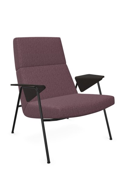 Fauteuil Votteler, Dossier bas, Tissu Gaia améthyste, Peint par poudrage noir mat, Chêne fumé