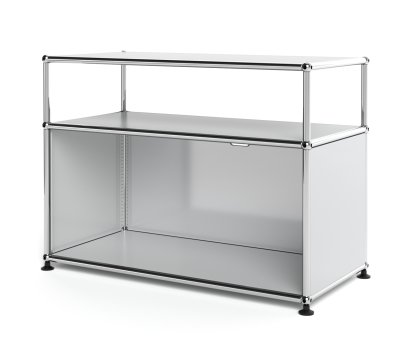 Meuble bas Lowboard M USM Haller avec rehausse, personnalisable, Gris clair RAL 7035, Avec  porte abattante, Avec passe-câbles au centre haut