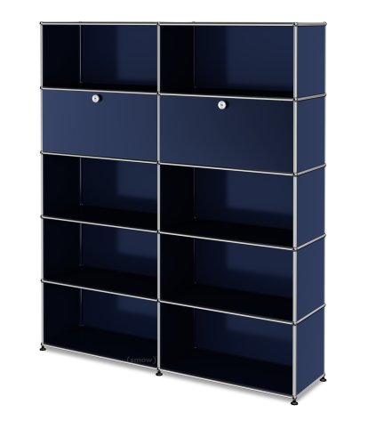 Étagère à dossiers L USM Haller, personnalisable, Bleu acier RAL 5011, Avec 2 portes abattantes, Ouvert, Ouvert, Ouvert