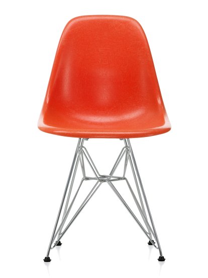 Eames Fiberglass Chair DSR, Eames red orange, Poli chromé