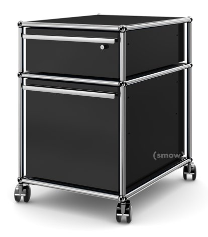 Caisson à roulettes USM Haller avec cadre pour dossiers suspendus, Serrure uniquement sur le tiroir A6, Noir graphite RAL 9011