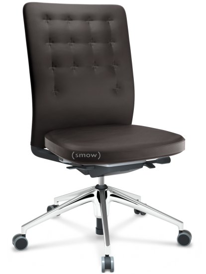 ID Trim, Sans support lombaire, Mécanisme Flowmotion sans inclinaison avant et sans réglage de la profon, Sans accotoirs, Piétement à 5 branches, aluminium poli, Assise et dossier cuir, Chocolat, Souples pour sols durs