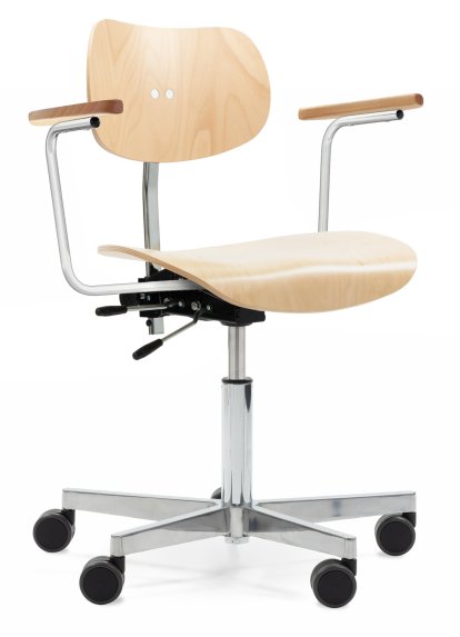 Chaise pivotante S 197 R20, Avec accoudoirs, Hêtre naturel, Chromé/aluminium poli, Roulettes doubles noir pour sols durs