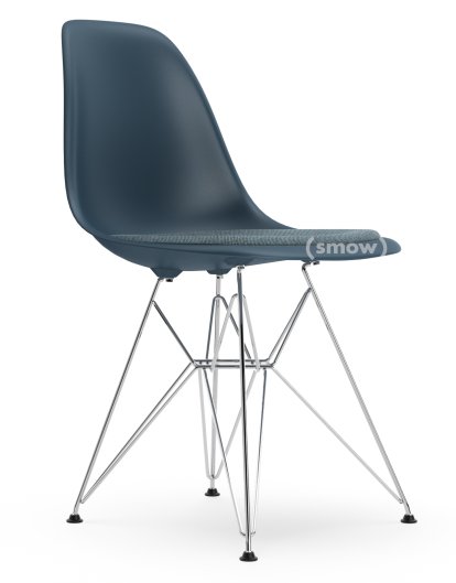Eames Plastic Side Chair DSR, Bleu océan, Avec coussin d'assise, Bleu glacier / marron marais, Version standard - 43 cm, Chromé