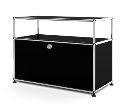 Meuble bas Lowboard M USM Haller avec rehausse, personnalisable, Noir graphite RAL 9011, Avec  porte abattante, Sans passe-câbles