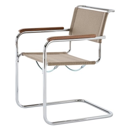 Chaise Cantilever S 33 / S 34 V Soft, Accoudoirs noyer huilé, Chromé, Tissu nobel 61297 - beige, Patins en plastique noir avec feutre