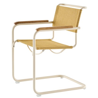Chaise Cantilever S 33 / S 34 V Soft, Accoudoirs en chêne huilé, Blanc perle mat revêtu par poudre, Tissu cento corn- sable, Patins en plastique transparent avec feutre