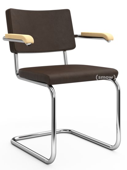 Chaise cantilever S 64 PV Pure Materials, Cuir Nubuk marron foncé, Frêne, Chromé, Patins en plastique noir avec feutre