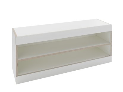 Banc avec espace de rangement Flai, Mélaminé blanc avec bords bouleau, Ouvert, Sans coussin d'assise