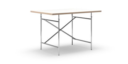Table Eiermann, Mélaminé blanc avec bords chêne, 120 x 80 cm, Chromé, Vertical, décalé (Eiermann 2), 80 x 66 cm