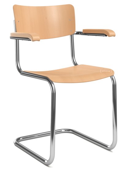 Chaise cantilever S 43 F classique avec accotoirs, Piétement chromé, Hêtre teinté, Hêtre, vernis transparent, Sans coussin d'assise, Patins en plastique noir avec feutre