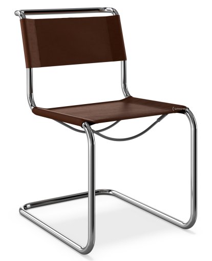 Chaise cantilever S 33 / S 34 originale, Sans accotoirs, Cuir véritable, Chocolat, Patins en plastique noir avec feutre