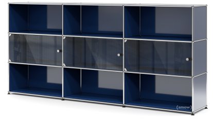 Meuble haut XL avec 3 portes vitrées USM Haller, Avec poignée sans serrure, Bleu acier RAL 5011
