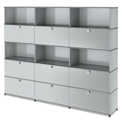 Étagère à dossiers XL USM Haller, personnalisable, Gris clair RAL 7035, Avec 3 portes abattantes, Ouvert, Avec 3 portes abattantes, Avec 3 portes coulissantes