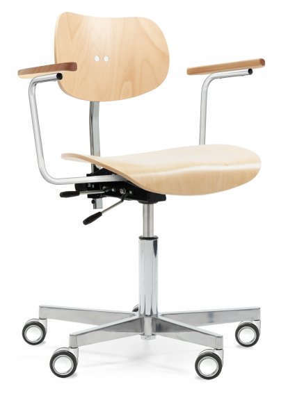 Chaise pivotante S 197 R20, Avec accoudoirs, Hêtre naturel, Chromé/aluminium poli, Roulettes doubles chromée pour sols durs