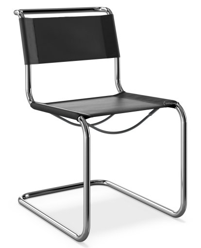 Chaise cantilever S 33 / S 34 originale, Sans accotoirs, Cuir véritable, Noir, Patins en plastique noir avec feutre