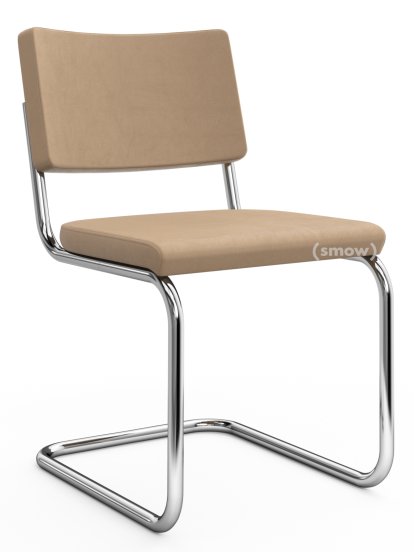 Chaise cantilever S 32 PV Pure Materials, Cuir Nubuk beige sable, Chromé, Patins en plastique noir avec feutre