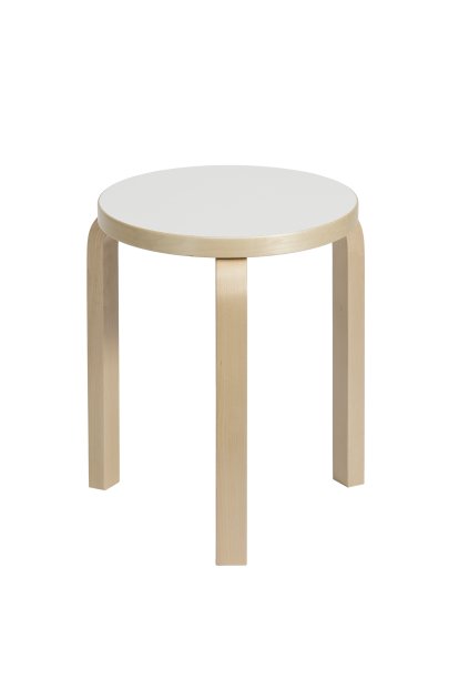 Tabouret 60, Assise stratifié blanc, pieds bouleau laqué nature