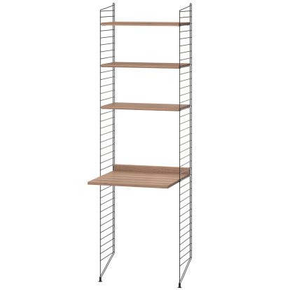 Étagère au sol avec bureau intégré String System, Rayonnages noyer, panneaux noirs