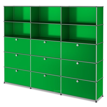 Étagère à dossiers XL USM Haller, personnalisable, Vert USM, Ouvert, Avec 3 portes abattantes, Avec 3 portes abattantes, Avec 3 portes abattantes