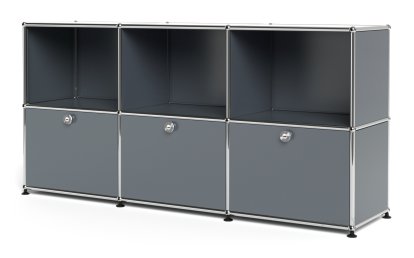 Meuble mixte Sideboard 50 USM Haller, personnalisable, Gris moyen RAL 7005, Ouvert, Avec 3 portes abattantes