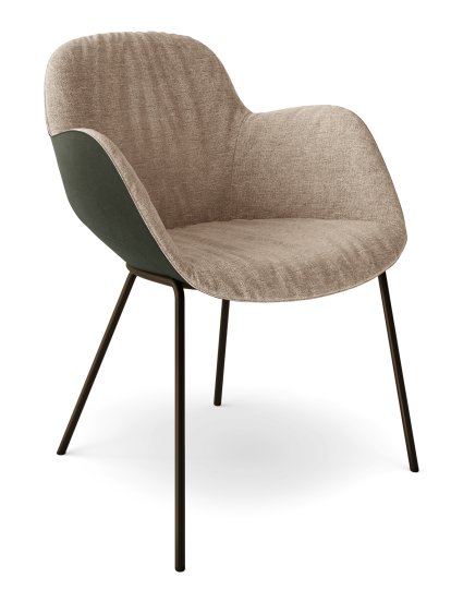 Fauteuil Sheru, Tissu Gaia quartz, Cuir vintage fango, Peint par poudrage bronze mat