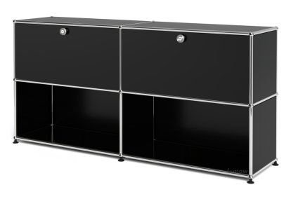Meuble de rangement Sideboard L USM Haller, personnalisable, Noir graphite RAL 9011, Avec 2 portes abattantes, Ouvert