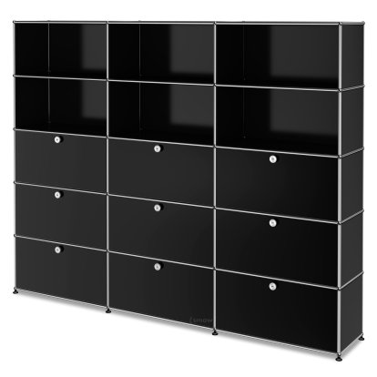 Étagère à dossiers XL USM Haller, personnalisable, Noir graphite RAL 9011, Ouvert, Avec 3 portes abattantes, Avec 3 portes abattantes, Avec 3 portes coulissantes