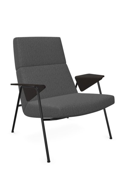 Fauteuil Votteler, Dossier bas, Tissu Gaia tourmaline, Peint par poudrage noir mat, Chêne fumé