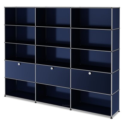 Étagère à dossiers XL USM Haller, personnalisable, Bleu acier RAL 5011, Ouvert, Ouvert, Avec 3 portes abattantes, Ouvert