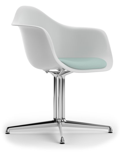 Eames Plastic Armchair DAL, Coton blanc, Avec coussin d'assise, Bleu glacier / ivoire, Aluminium poli, Nouvelle hauteur d'assise (43,0 cm)