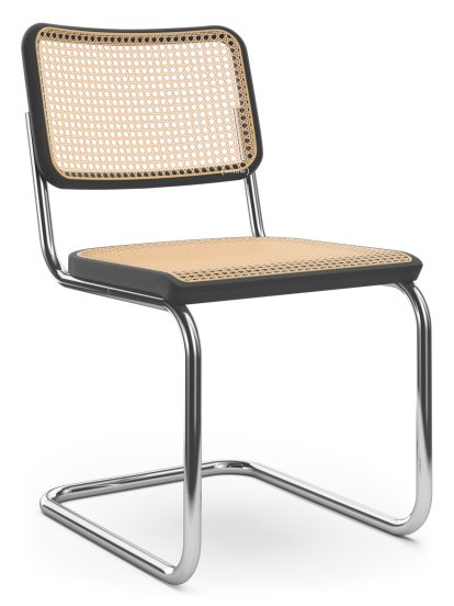 Chaise cantilever S 32 / S 32 N Bauhaus, Cannage (avec tissu de soutien sous l'assise), Hêtre teinté noir, Patins en plastique noir avec feutre