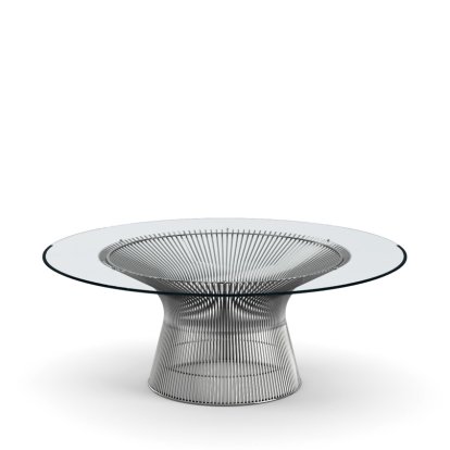Table basse Platner, Grand (diamètre 107 cm), Nickel poli, Verre transparent