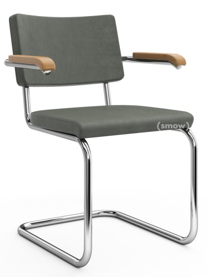Chaise cantilever S 64 PV Pure Materials, Cuir Nubuk vert-gris, Chêne, Chromé, Patins en plastique noir avec feutre