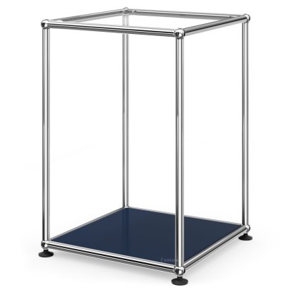 Table d'appoint USM Haller 35 haute, Panneau supérieur en verre, panneau inférieur en métal, Bleu acier RAL 5011