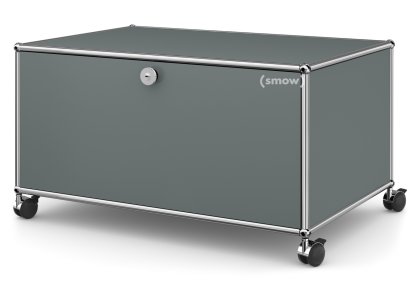 Meuble bas Lowboard TV sur roulettes USM Haller, Avec porte abattante et paroi arrière, Gris moyen RAL 7005